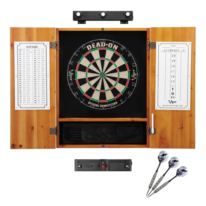 Viper Dead On Sisal Dartboard, Metropolitan Oak Cabinet, Shadow Buster Dartboard Lights & Laser Throw Line Marker