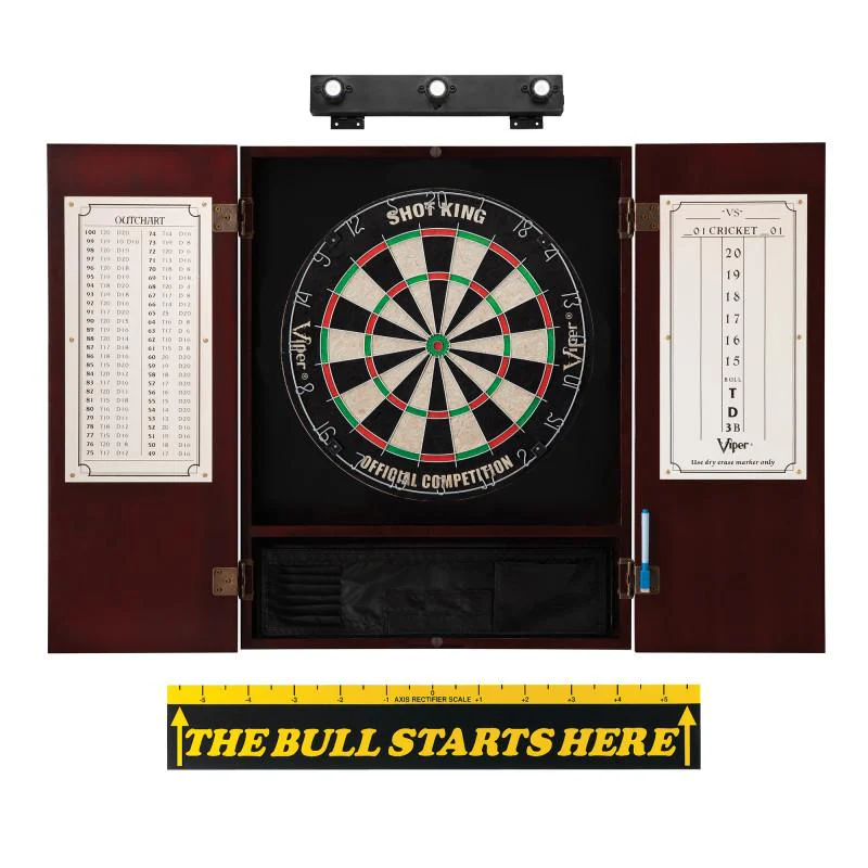 Viper Shot King Sisal Dartboard, Metropolitan Mahogany Cabinet, Shadow Buster Dartboard Lights & "The Bull Starts Here" Throw Line Marker