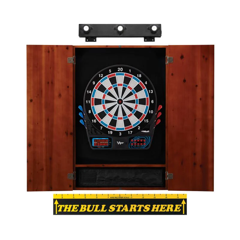 Viper 777 Electronic Dartboard, Metropolitan Cinnamon Cabinet, Throw Line Marker & Shadow Buster Dartboard Light Bundle