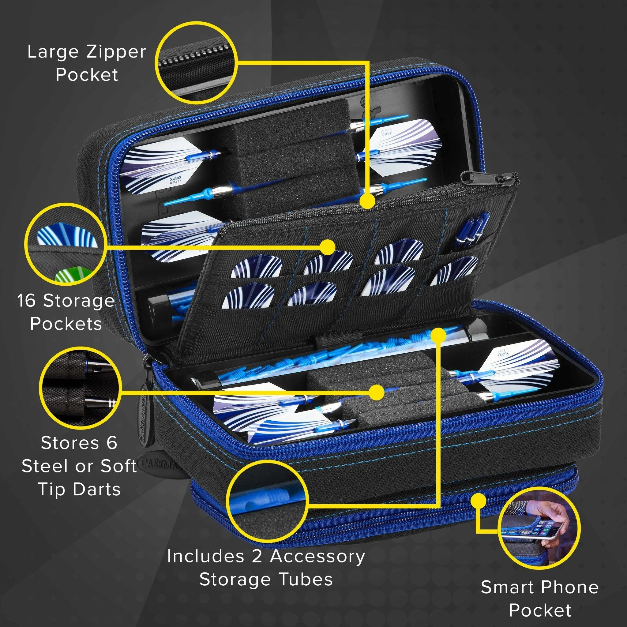 [OPEN BOX]  Casemaster Plazma Pro Dart Case Black with Sapphire Zipper and Phone Pocket - Image 4